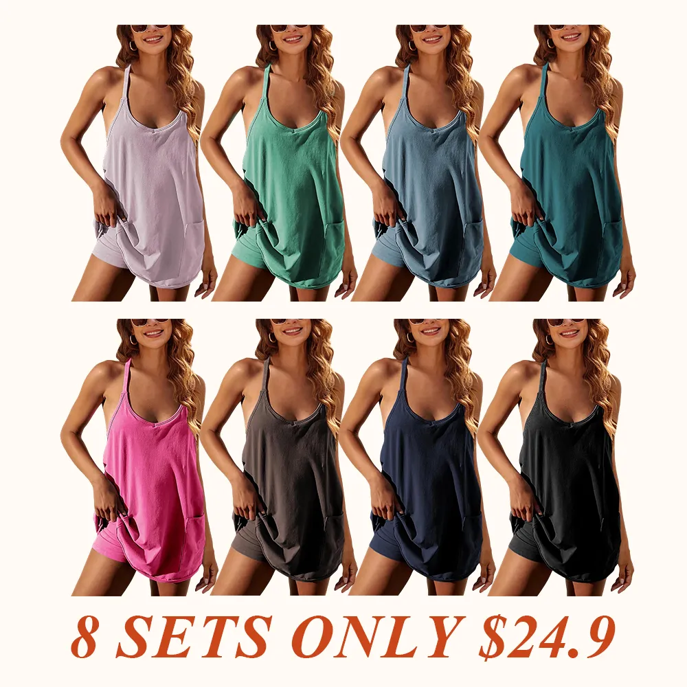 Women's Athletic Sleeveless Mini Dress with Built-in Shorts Summer V Neck Spaghetti Strap Short Spring Tennis Dress with Pockets