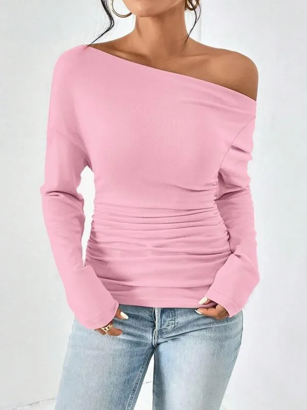 Women's Plain Ruched Asymmetrical Neck Drop Shoulder Tee