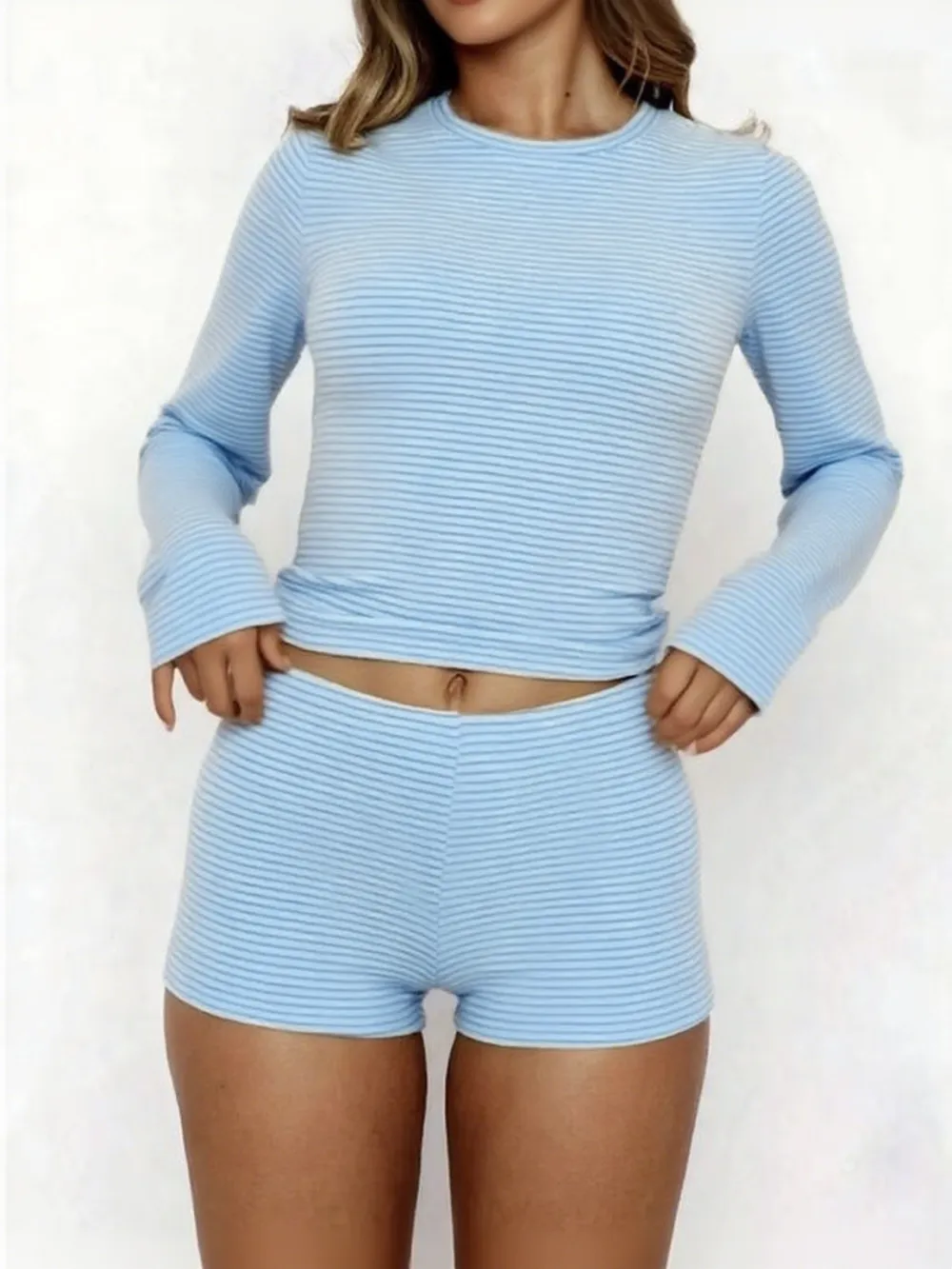 2 Piece Set Women's Casual Striped Shirt + Hot Pants