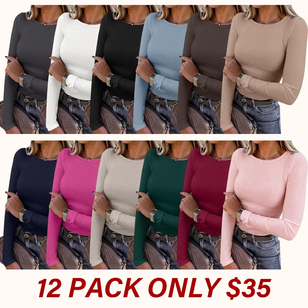 Women's Long-Sleeve Crew Neck Ribbed Knit Slim Fit T-Shirt