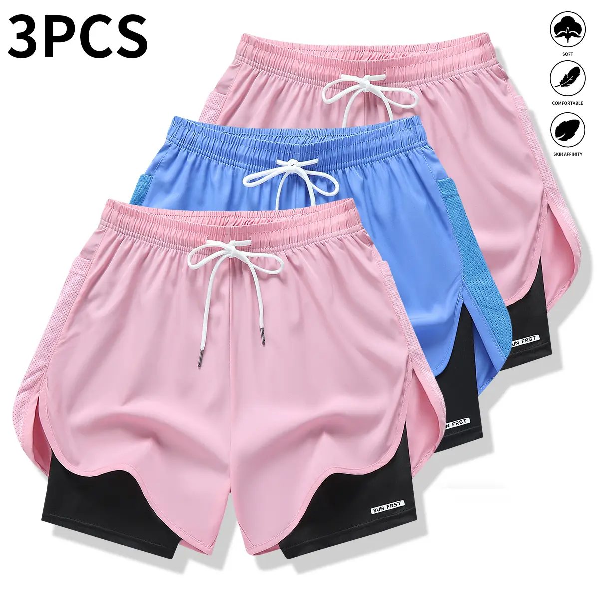 Pack of 3 women’s casual athletic pants, faux two-piece design, solid color, with inner lining, elastic drawstring waistband