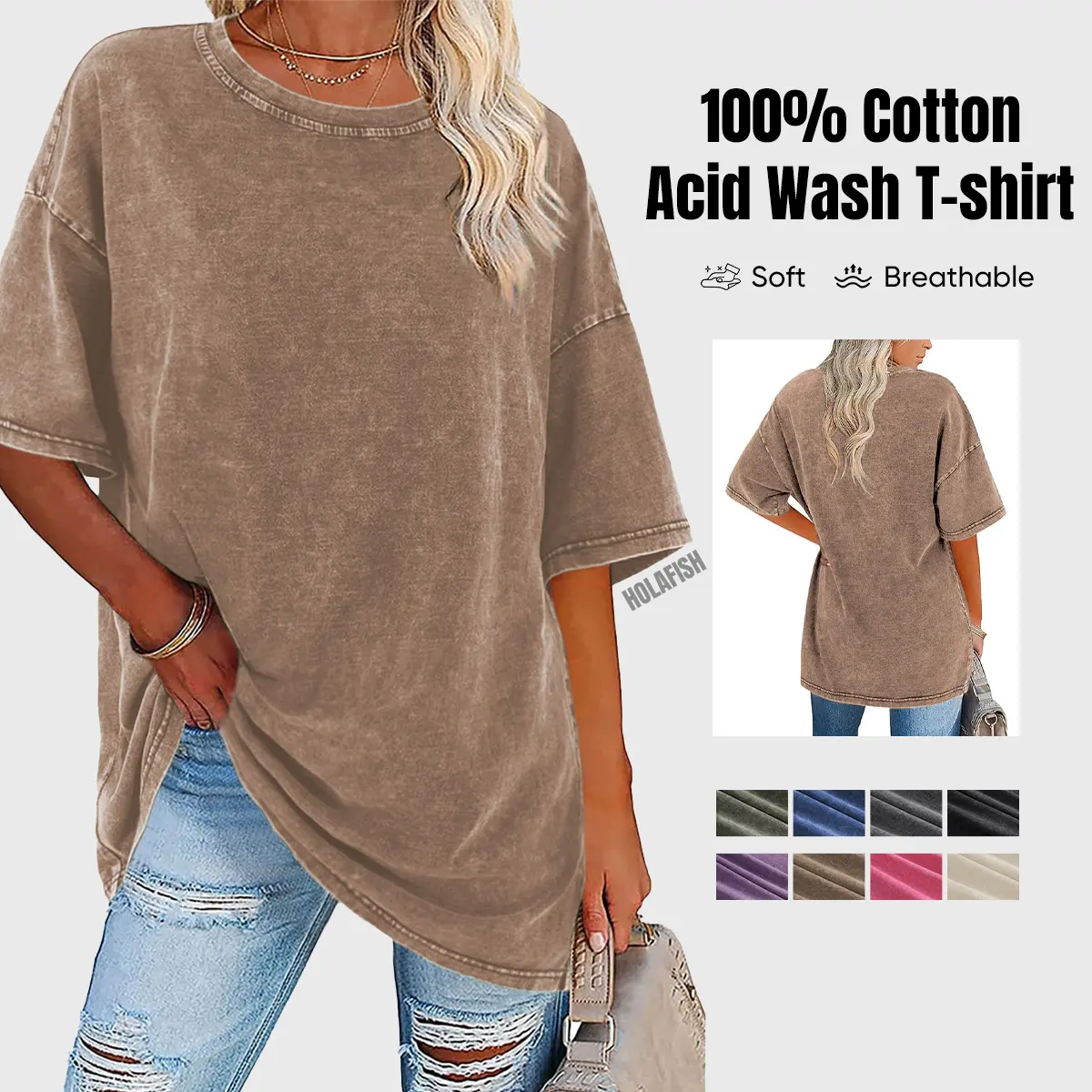 Holafish Retro Acid Wash Basic Unisex Tee & Shorts Cotton,7