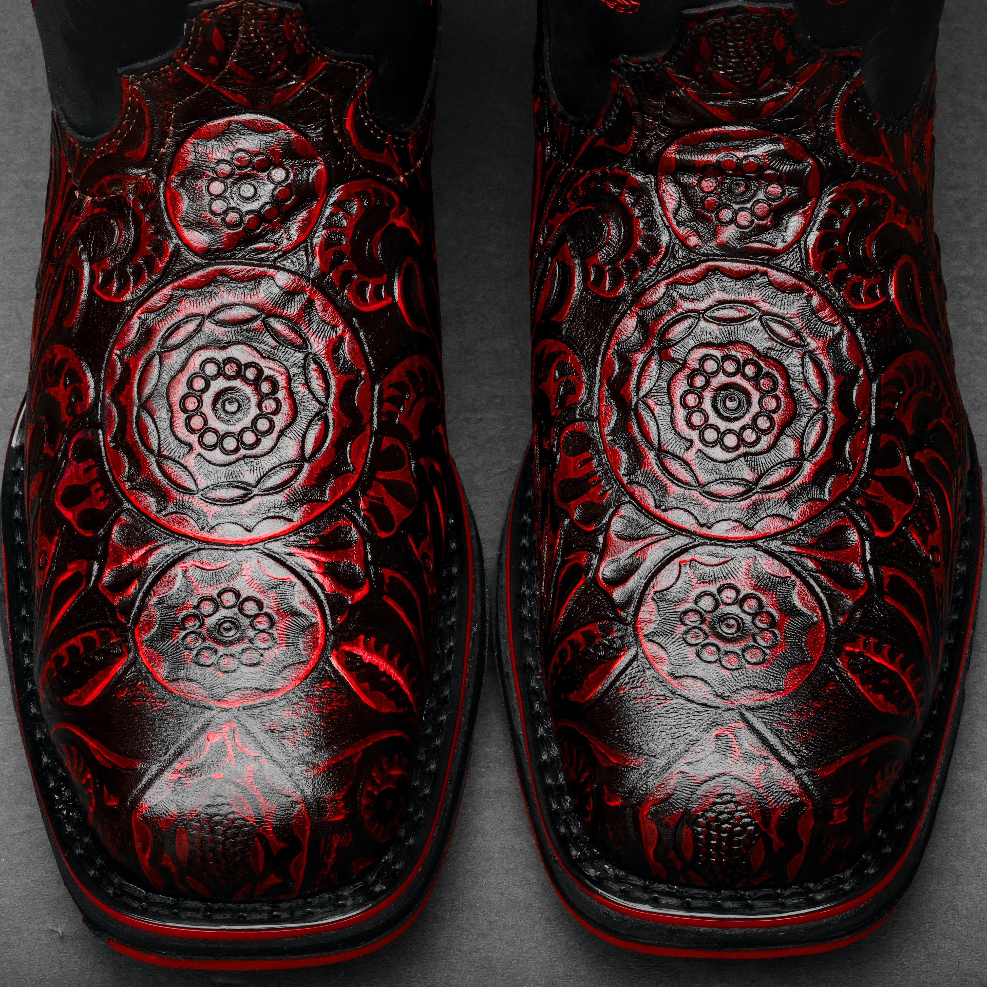 Black Cherry Hand-Tooled Leather Boots With 3D Lightweight Sole - Composite Toe