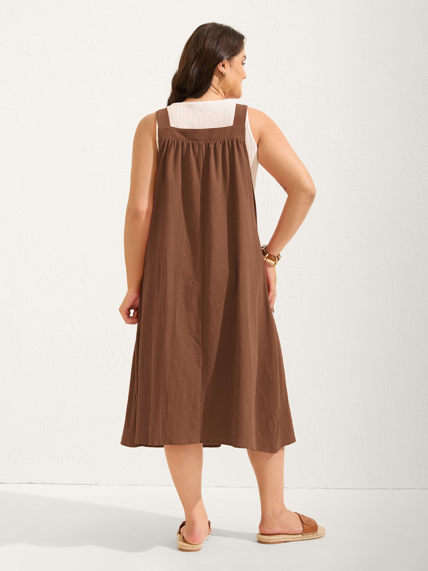 Pure Cotton Pleated Pockets Midi Dress