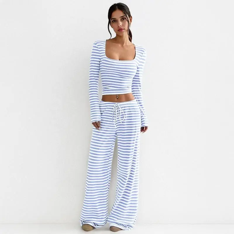 Women's Stripe Square Neck Long Sleeve Crop Top & Wide Leg Trousers Set