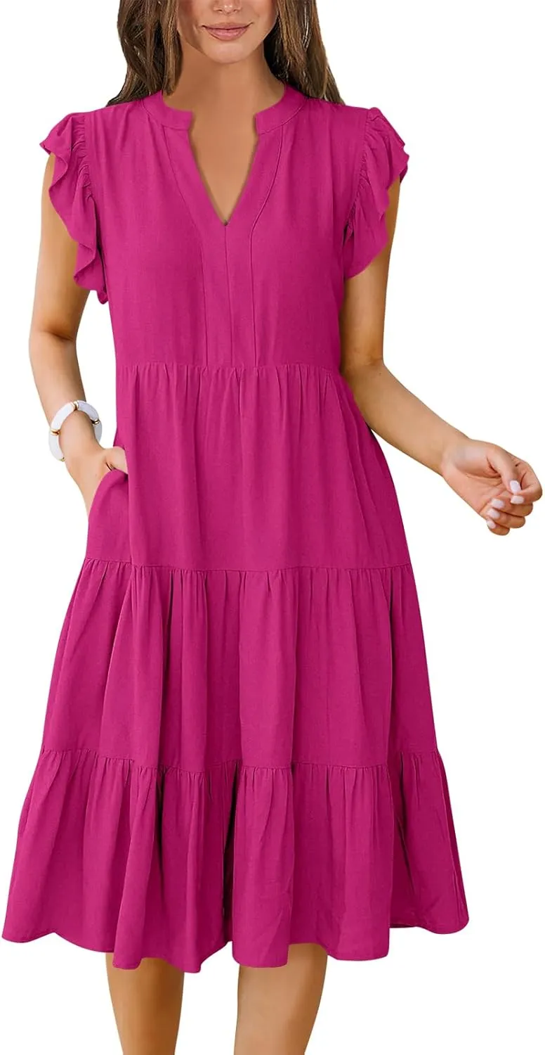 Women's Ruffle Sleeve V-Neck Tiered Midi Dress