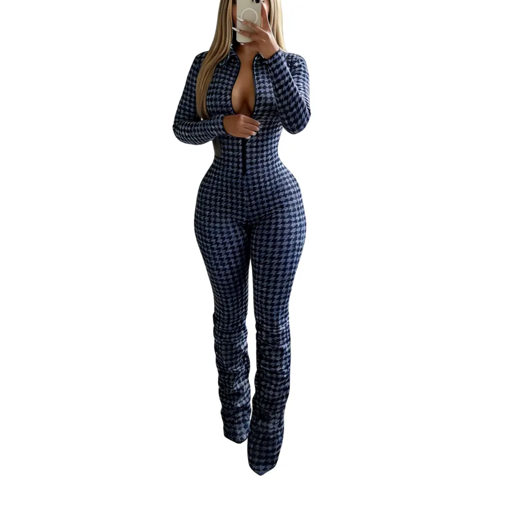Women's timeless houndstooth jumpsuit with zipper closure