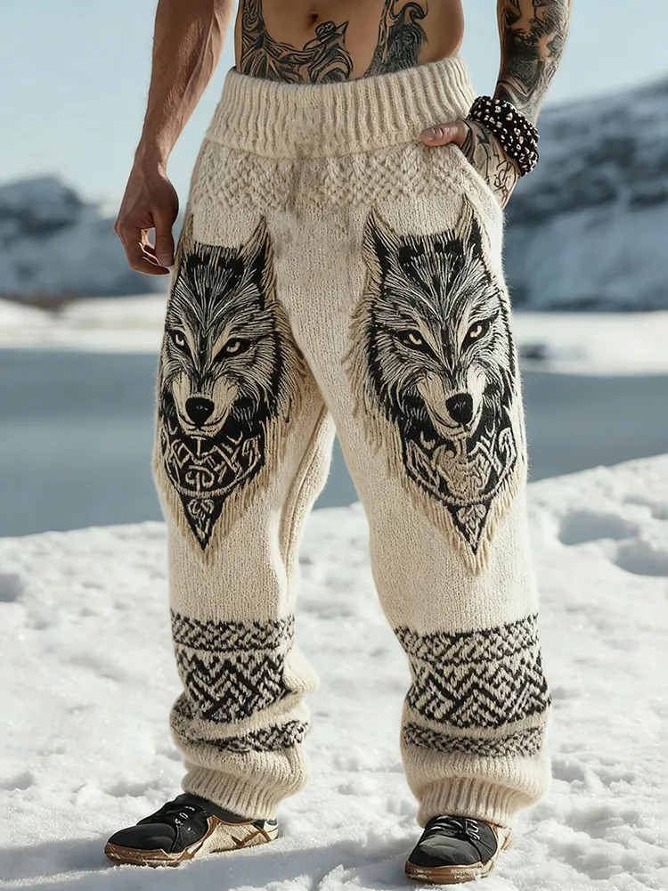 Men's Viking Wolf Celtic Knot Art Wide Leg Warm Knit Pants