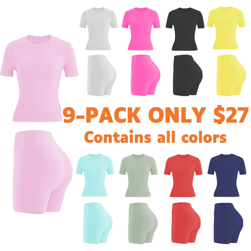🔥🔥9 PACKS $27 | Women's Two-piece Solid Color Tee & High Waist Skinny Shorts Tracksuit Set