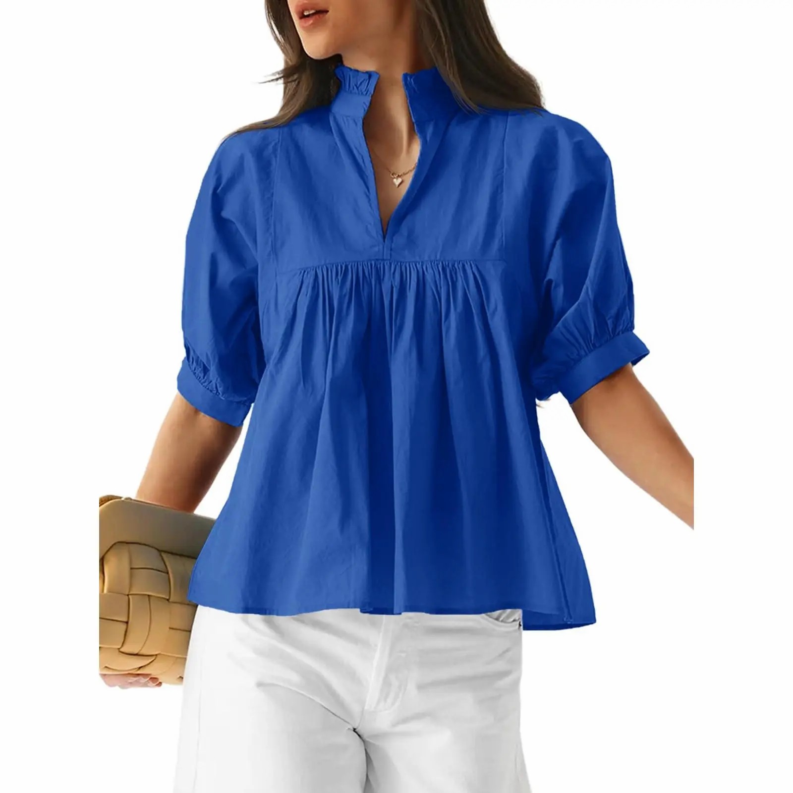 Women's V Neck Puff Sleeve Blouse – Babydoll Peplum Loose Fit Top