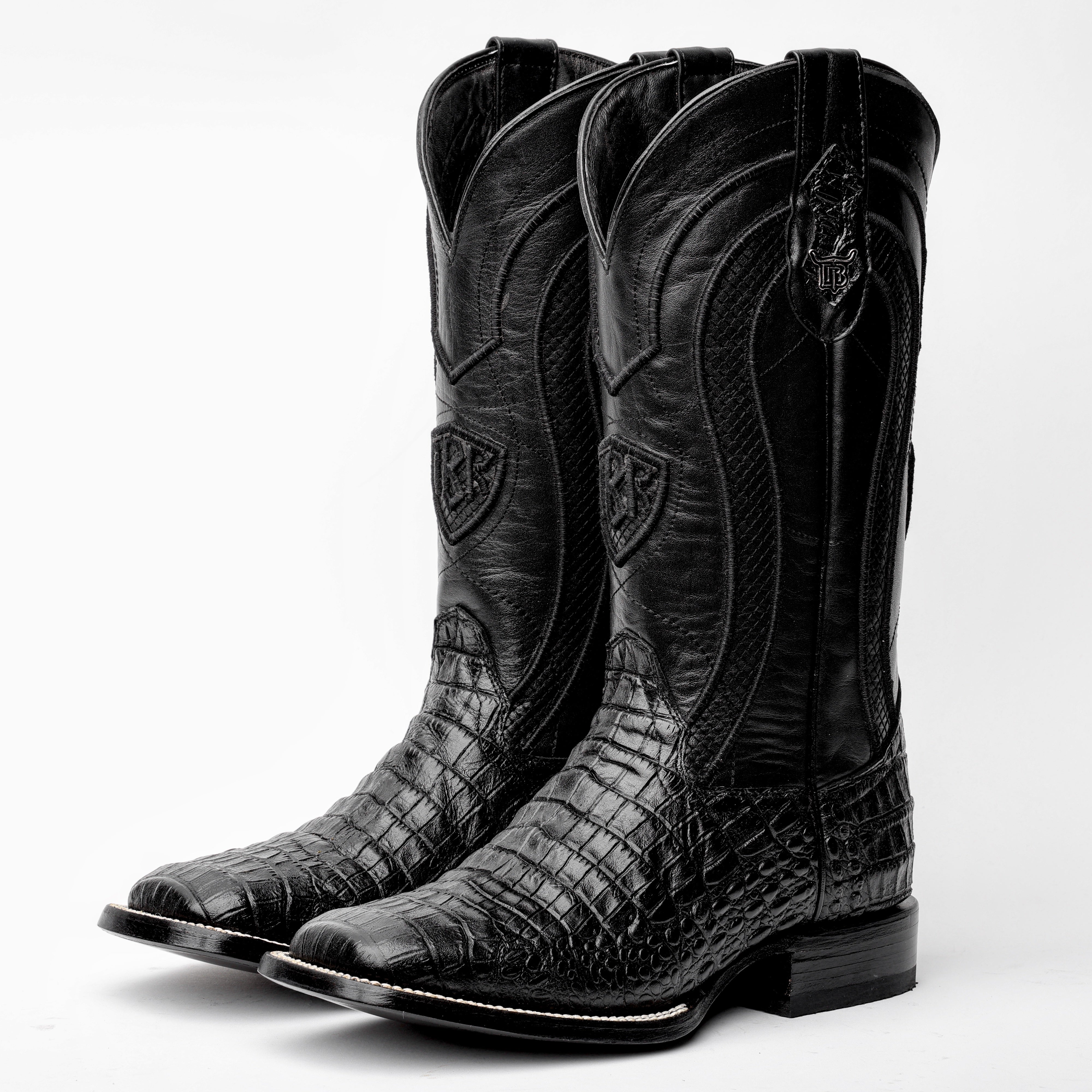 Total Black Caiman Belly Leather Boots - Square Toe