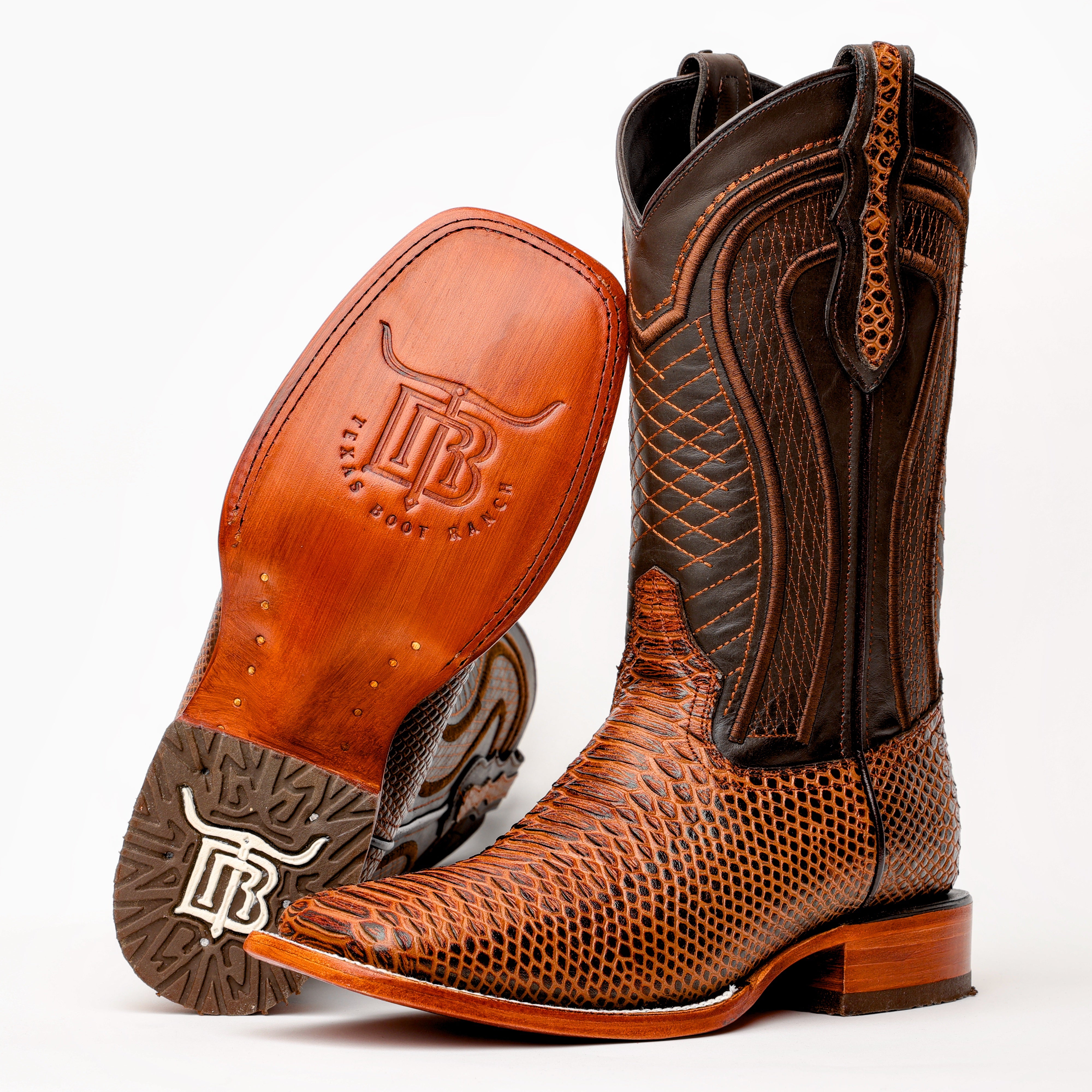 Cognac Python Leather Boots -Square Toe