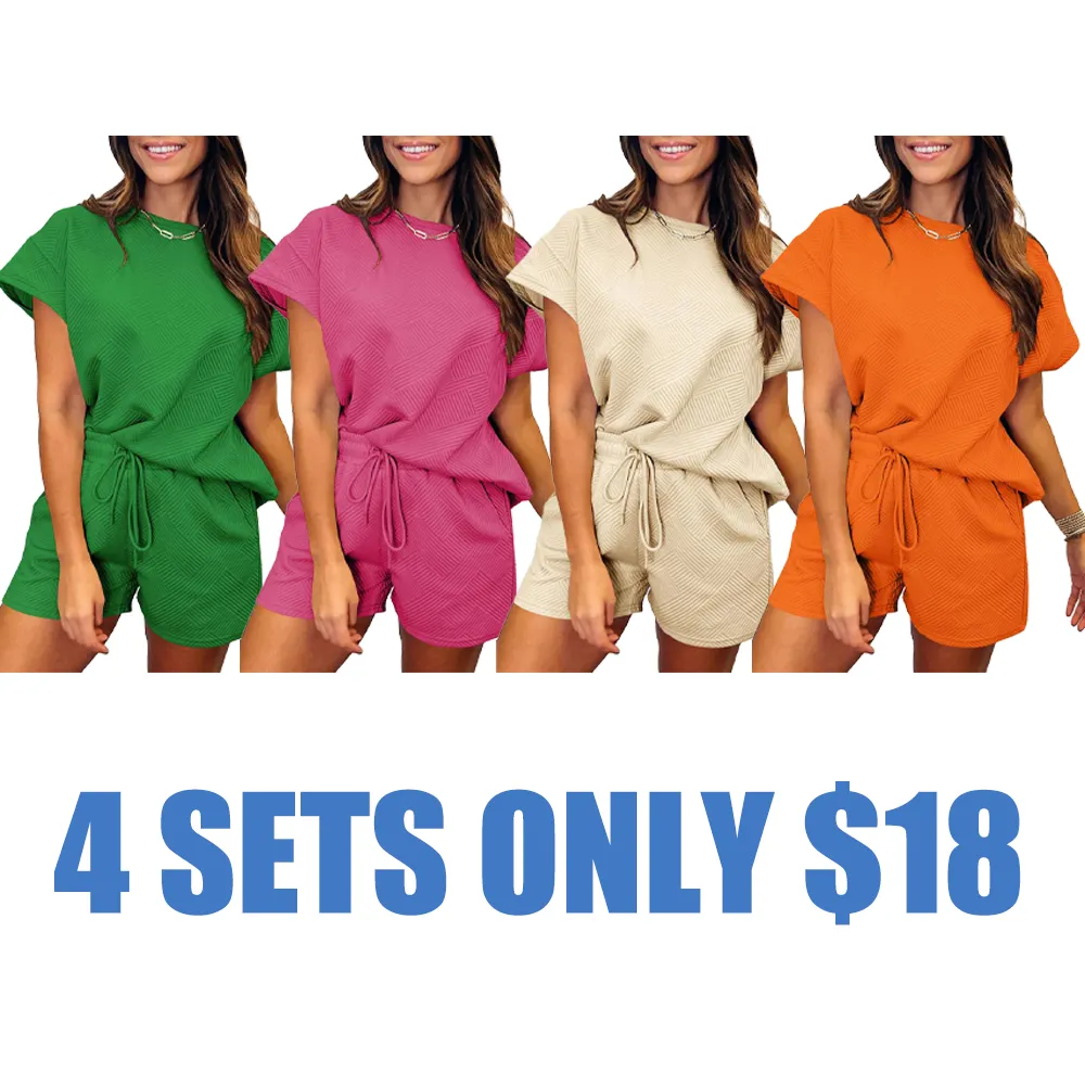 Women's Solid Textured Batwing Sleeve T-shirt & Drawstring Waist Shorts Set(Just $3 a set!)