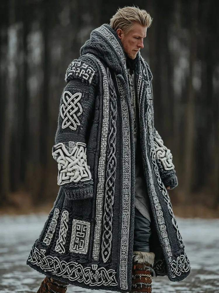 Men's Vintage Viking Celtic Knot Art Pattern Pocket Mid-length Hooded Cardigan Sweater