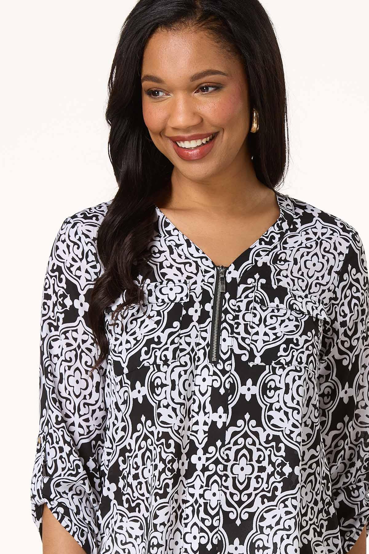 Black White Geo Zip Up Top