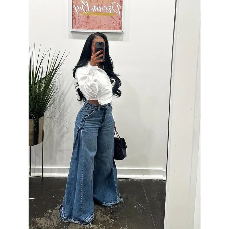 Women Flared Wide Side Loose Jeans High Waist