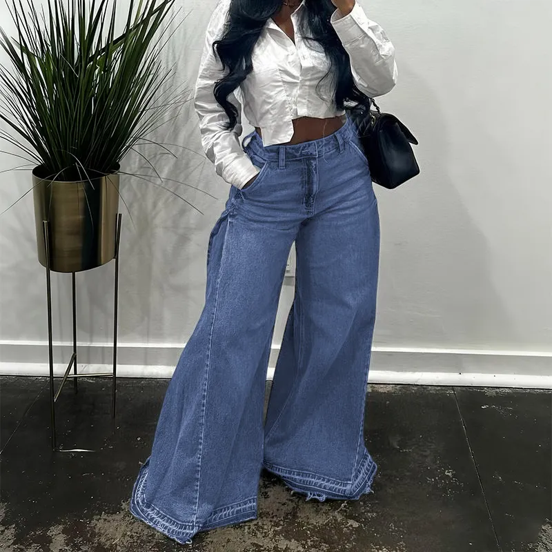 Women Flared Wide Side Loose Jeans High Waist