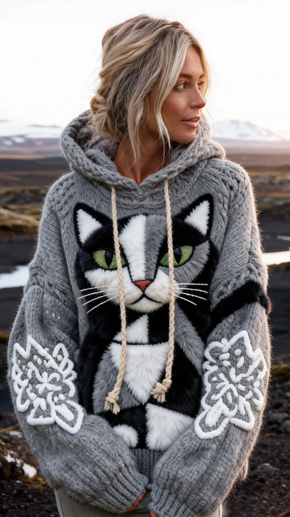 3 PCS $17.97 Women's Artistic Animals Line Knit Hooded Sweater