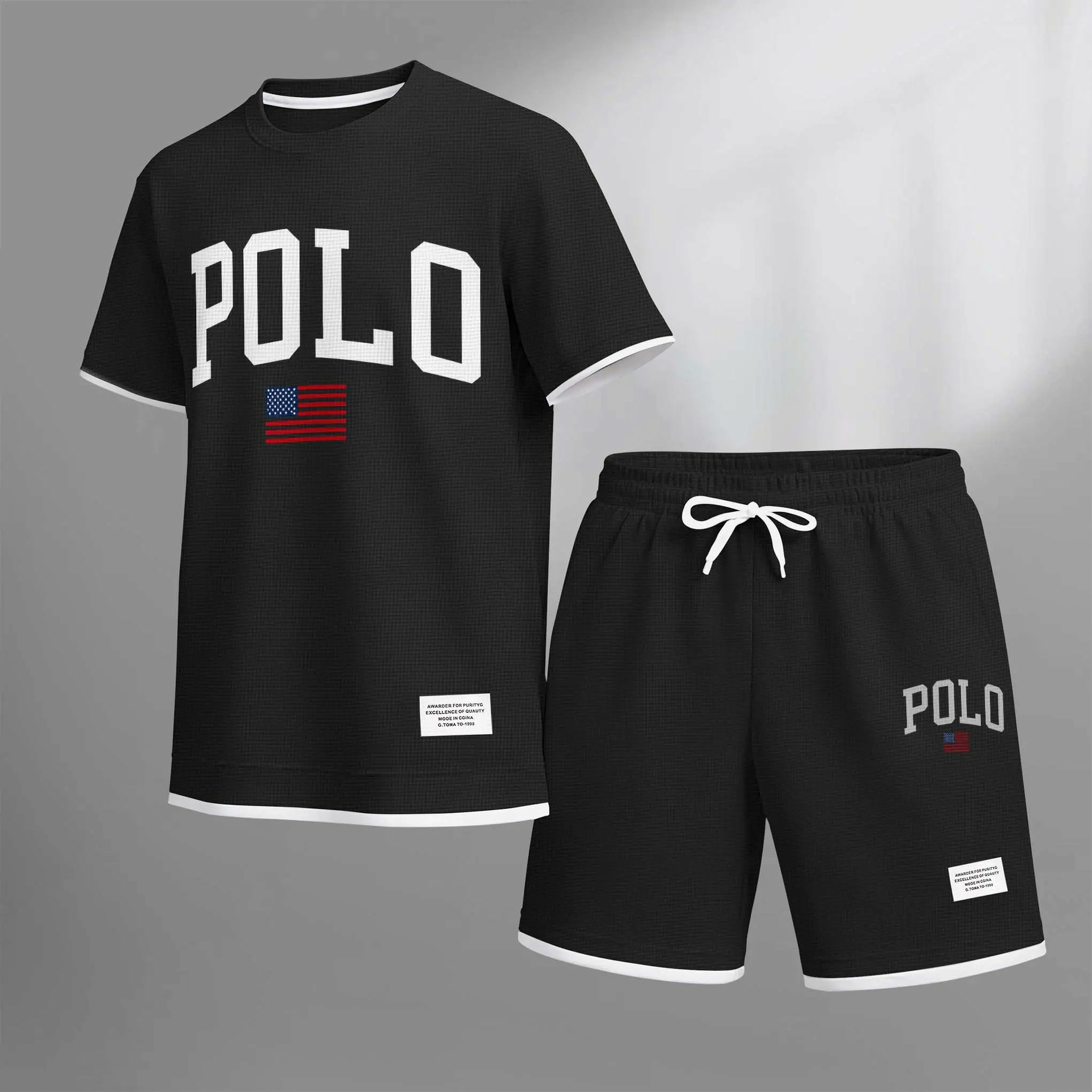 Men’s Printed Polo Shirt & Drawstring Shorts Set – Casual Summer 2-Piece Outfit