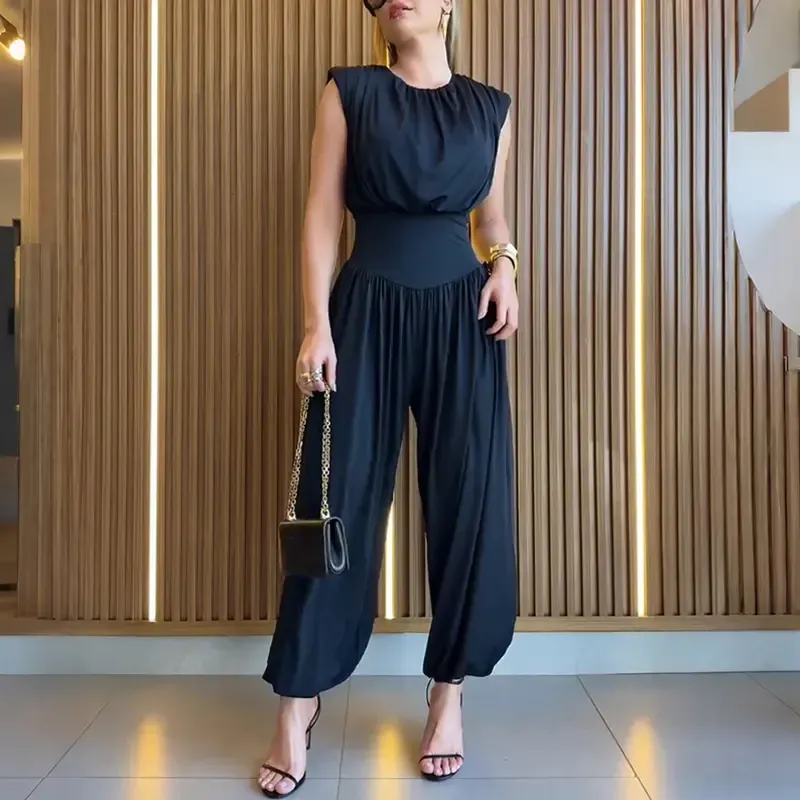 Women's Padded Shoulders Sleeveless Cinched Basque Waist Side High Slit Overalls Casual