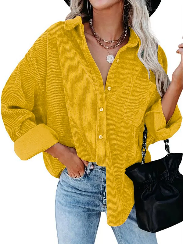 Women's Plain Pocket Button Front Corduroy Shirt