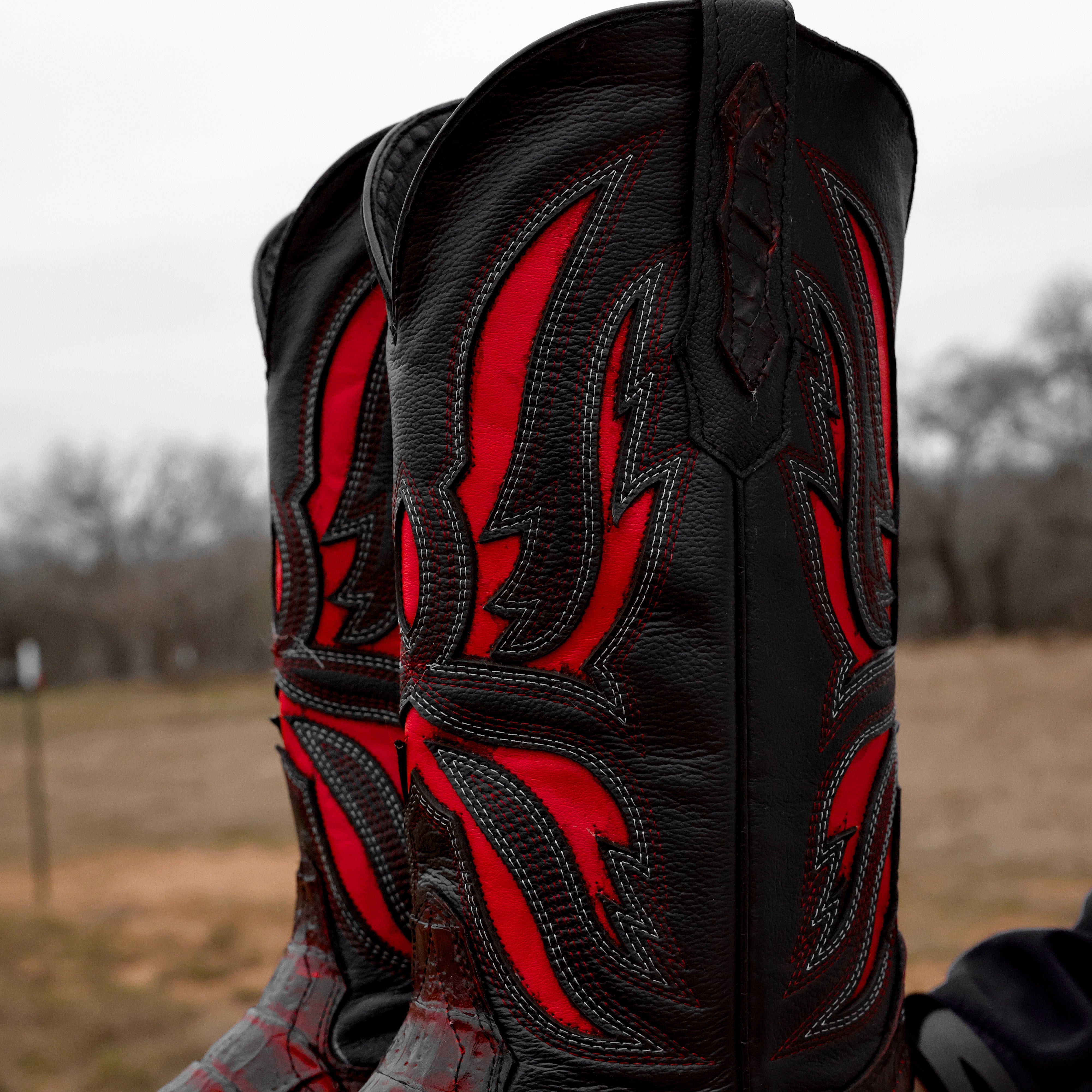 Black Cherry Caiman Hornback Leather Boots - Square Toe