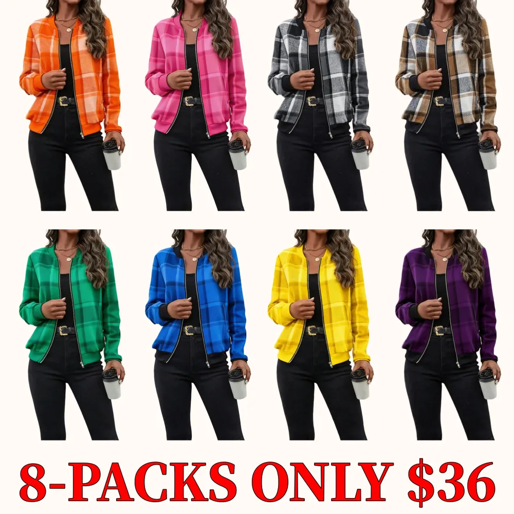 Women's plaid print zip-up bomber jacket