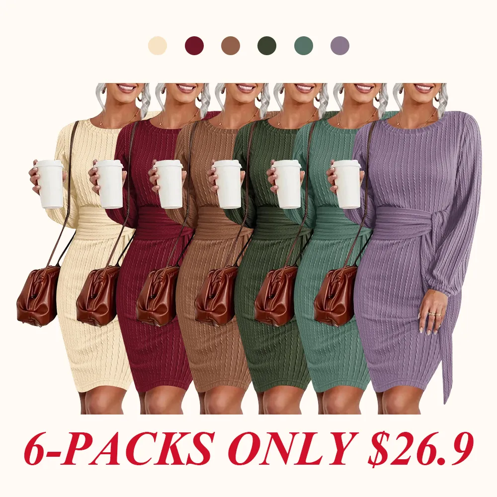 Women's Elegant Knit Dress Long Lantern Sleeve