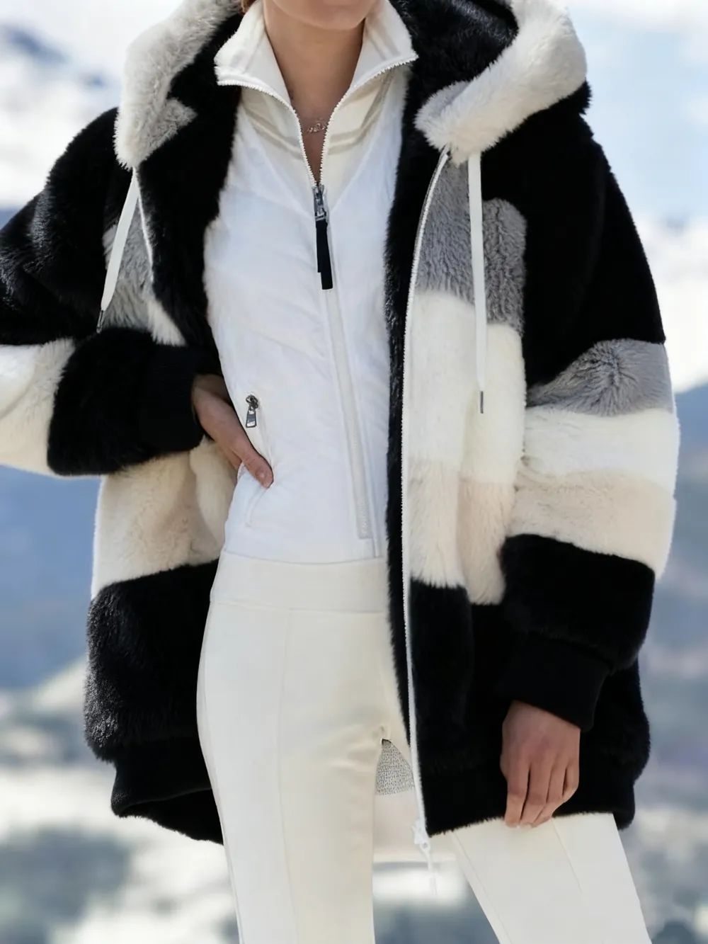 Women's Colorblock Drop Shoulder Hooded Polar Fleece Coat