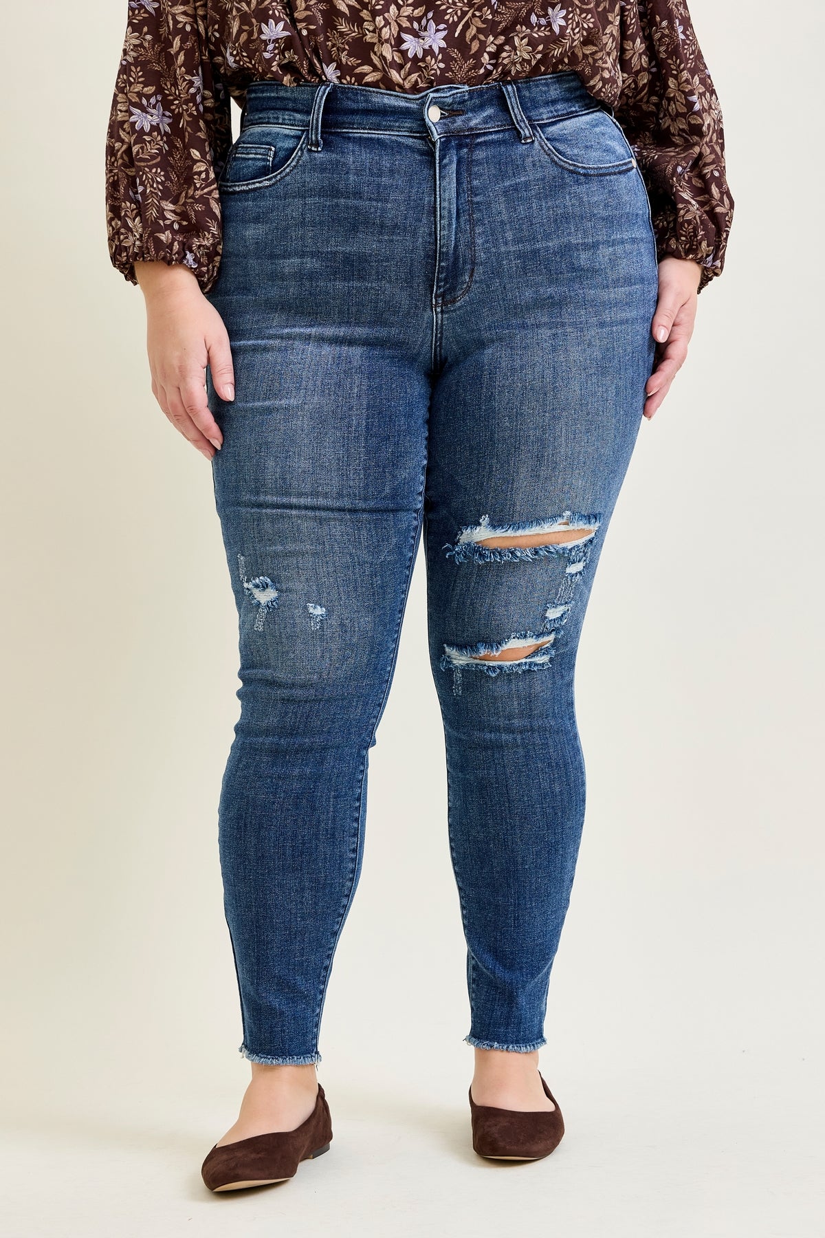 Andrea High Waist Skinny Jeans with Rips - PLUS
