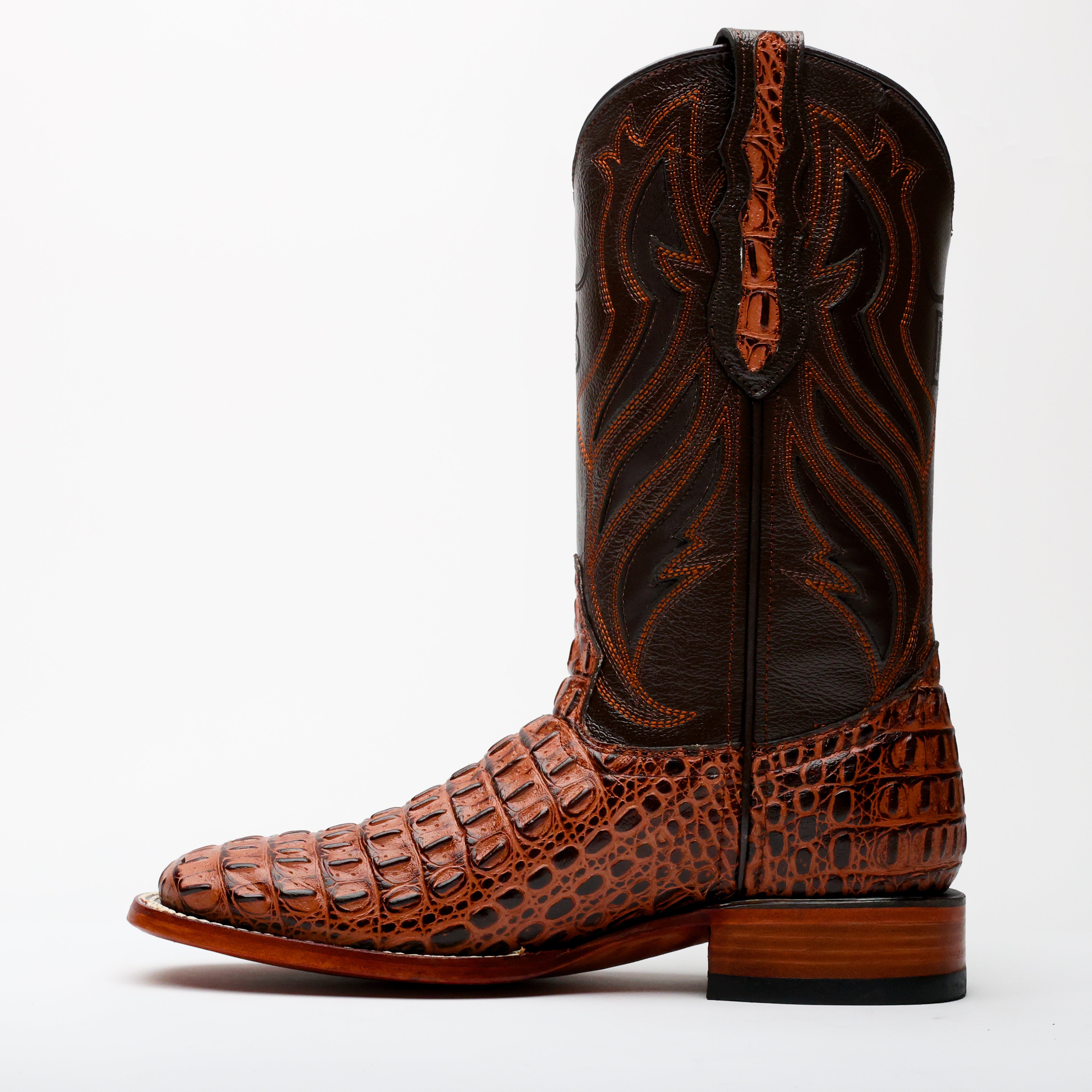 Cognac Caiman Hornback Leather Boots - Square Toe