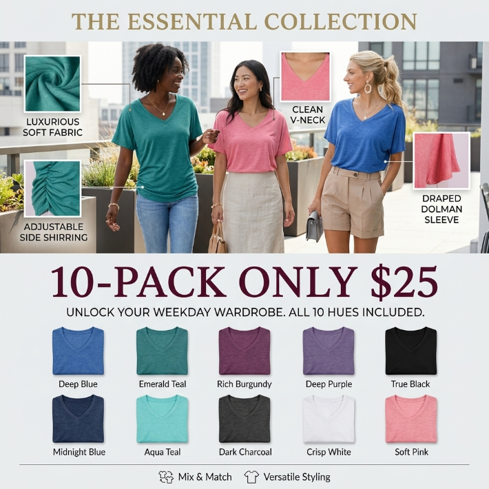 🔥Women’s V-Neck Dolman Sleeve Top with Side Shirring – Loose Fit Casual Shirt