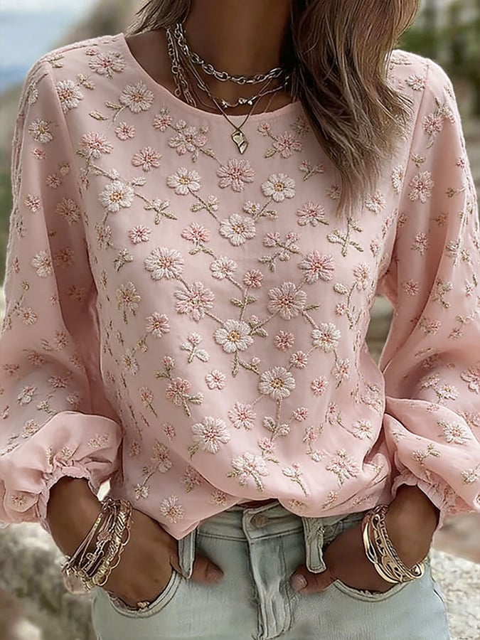 Women's Floral Cotton Linen Round Neck Comfortable Printed Top- Fast Shipping