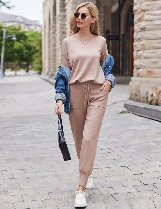 Women's Long Sleeve Knit Loungewear Set Jogger Pants Outfit