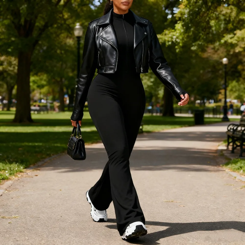 Women's Long Sleeve Flared Sports Jumpsuit - Zipper Jumpsuit