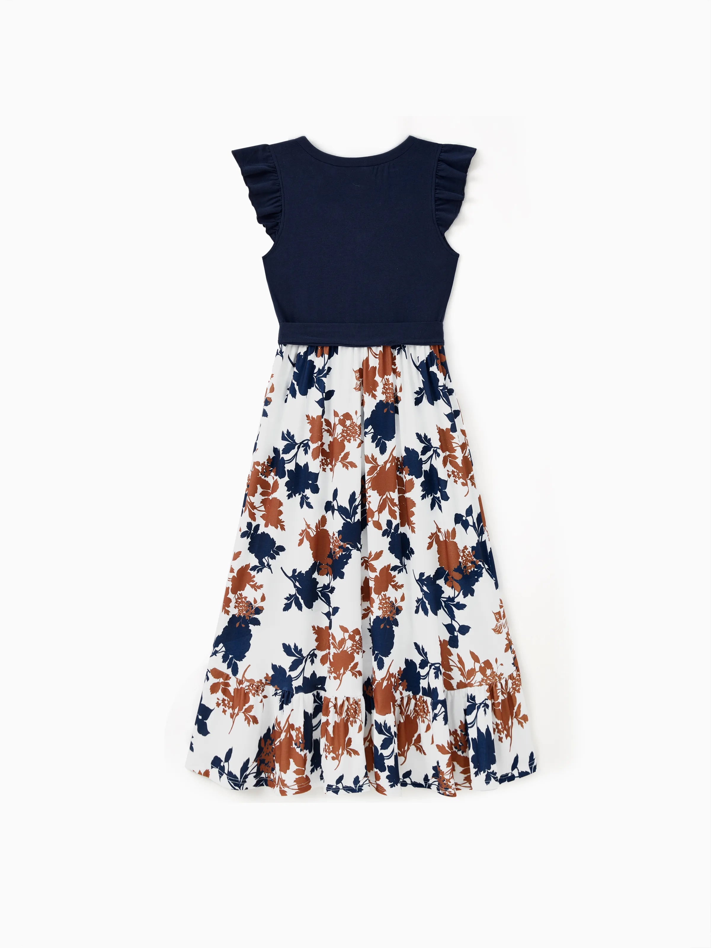 Mommy and Me Family Matching Casual Dress or T-Shirt, Solid Color, Fabric Stitching royalblue