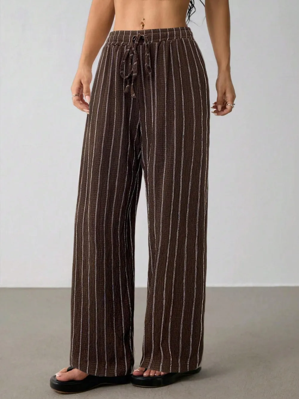 Women's Striped Waist Tie Straight Leg Loose Casual Belted Pants, Fitted Style