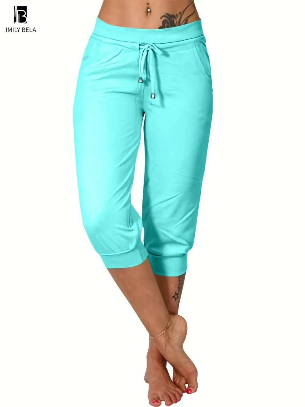 Women's Plain Drawstring Waist Capris Pants, Casual Pocket Trousers for Daily Wear