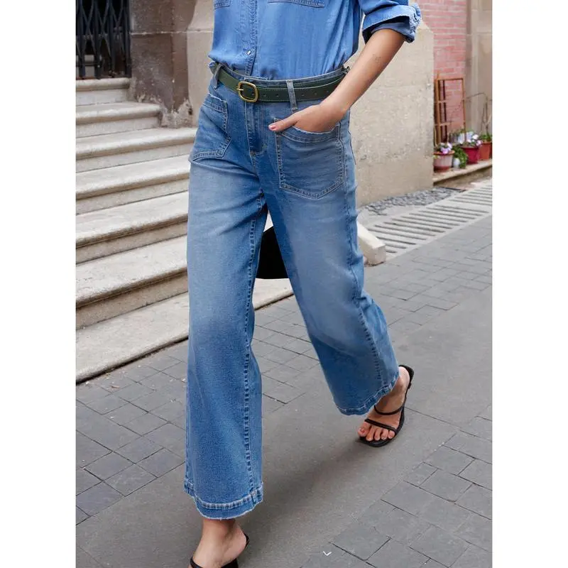 Women's Wide Leg Jeans High Waisted Stretchy Jeans Straight Leg Loose Fit Zimbaplatinum Ankle Denim Pants