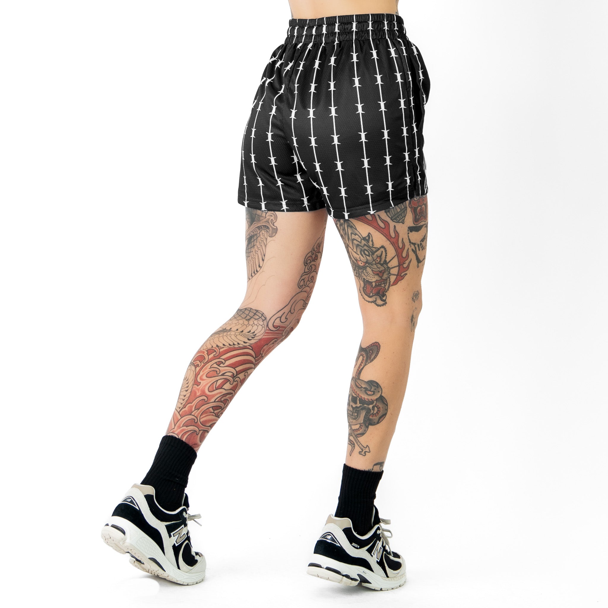 BARBWIRE MUAY THAI SHORTS (MID THIGH CUT) - BLACK / WHITE