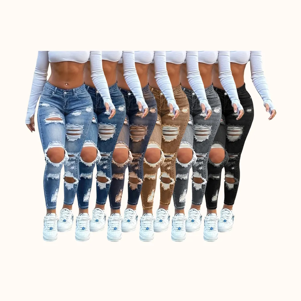 Women's High Waist Ripped Skinny Jeans with Butt Lifting Design, Elastic Denim for Valentine's Day Fashion