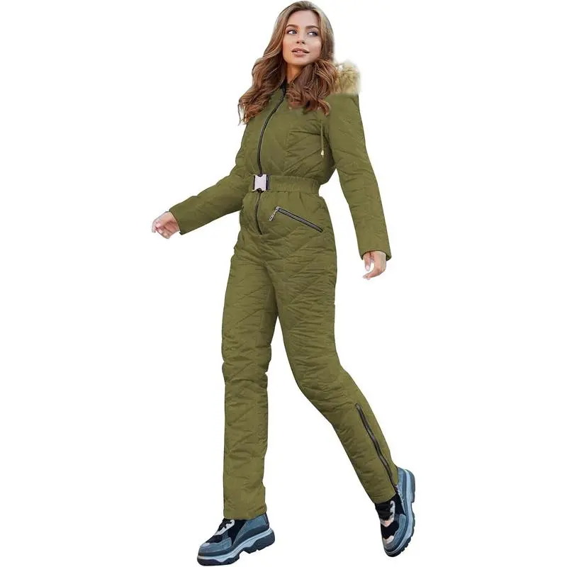 Women's Winter Ski Suit One-Piece Hooded Fur Collar Jumpsuit