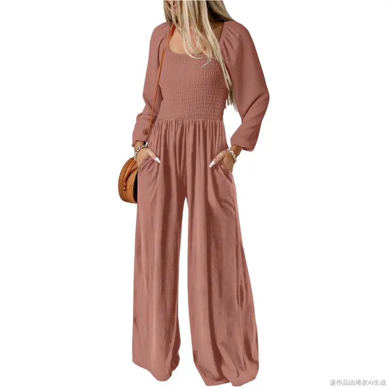 Women's Casual Loose Overalls Jumpsuits One Piece Long Sleeve Wide Leg Long Pant Rompers With Pockets