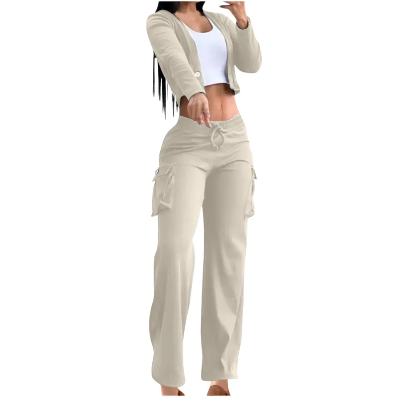 2 Piece Set for Women Casual Suit Cardigan Button with Pocket