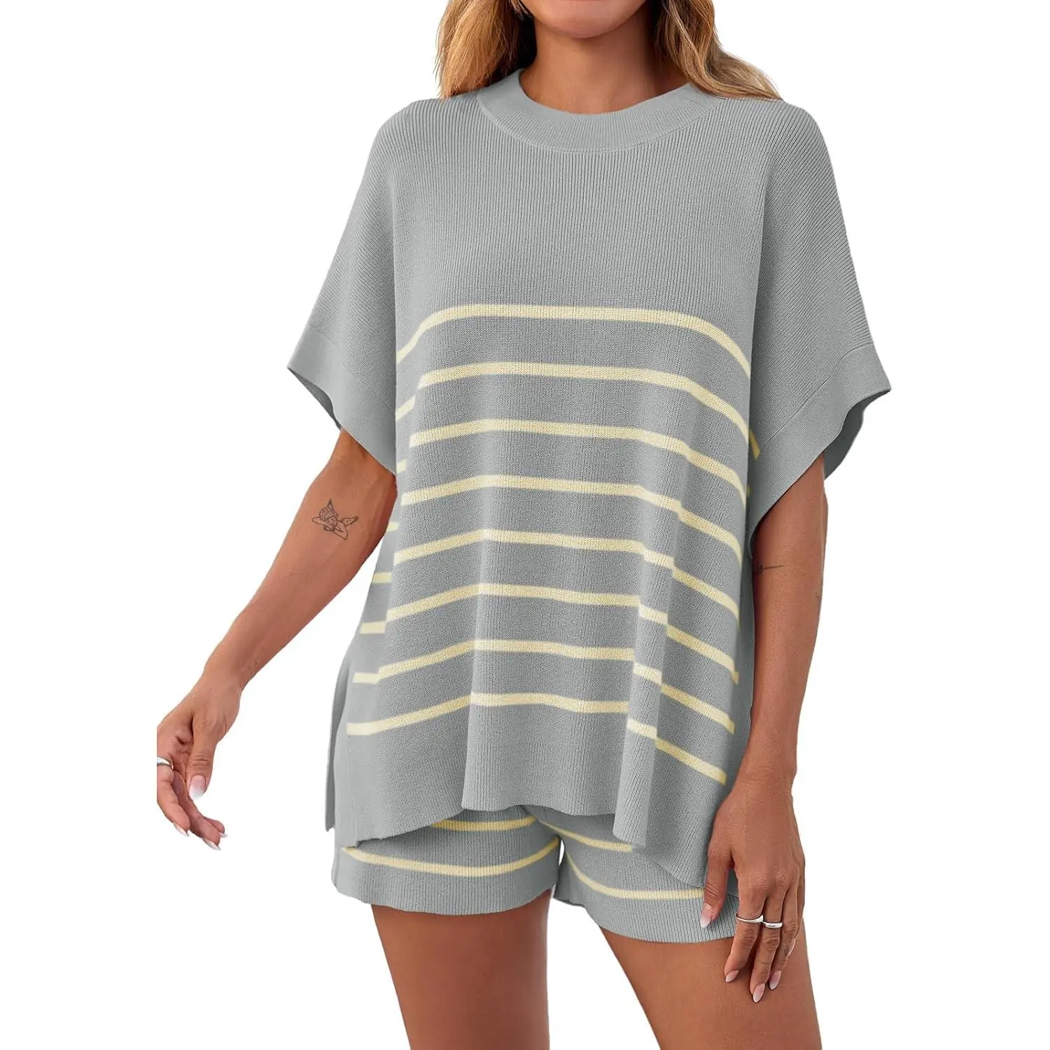 Women's Striped 2 Piece Outfits Oversized Batwing Short Sleeve Tops High Waisted Shorts Summer Knit Lounge Short Sets