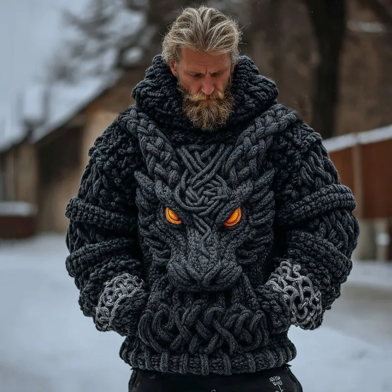 Men's Vintage Viking Dragon Celtic Knot Art Knit Hooded Sweater