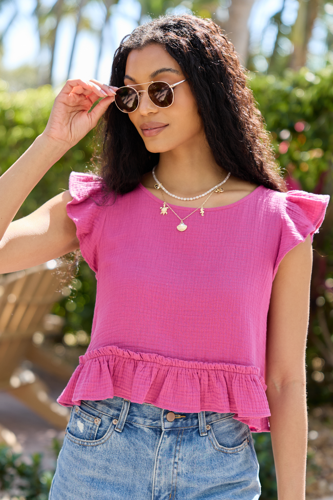 Ruby Pink Gauze Flutter Button Back Woven Blouse