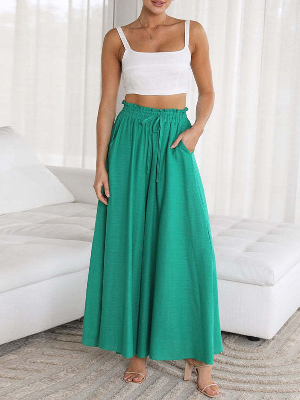 Drawstring Elasticity Pleated Pockets Solid Color High Waisted Loose Trousers Pants
