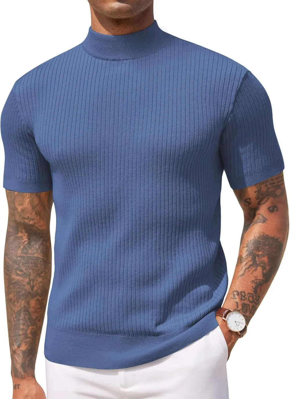 Men's Mock Turtleneck Sweater Short Sleeve Casual Basic Tops Ribbed Knit Pullover Solid Tee(100%Polyester)