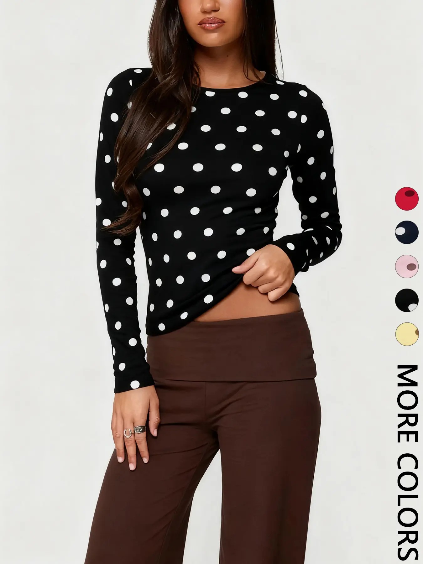Women’s Retro Polka Dot Slim Fit Long Sleeve Crop Top – Vintage Chic Casual Style